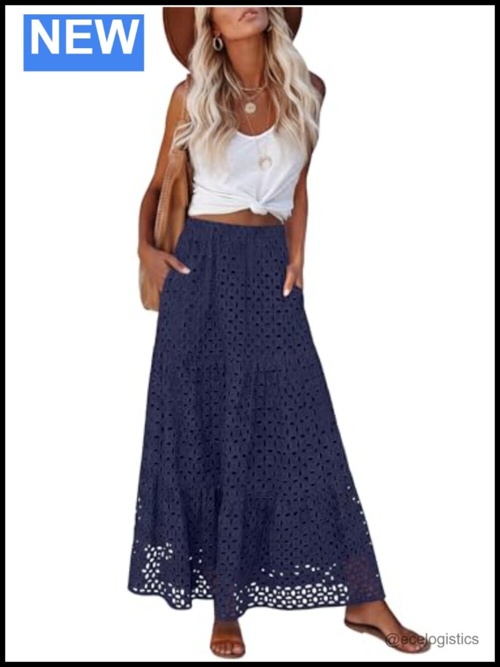 Women's Double Tiered Eyelet Maxi Skirt High Waist A-Line Boho Beach